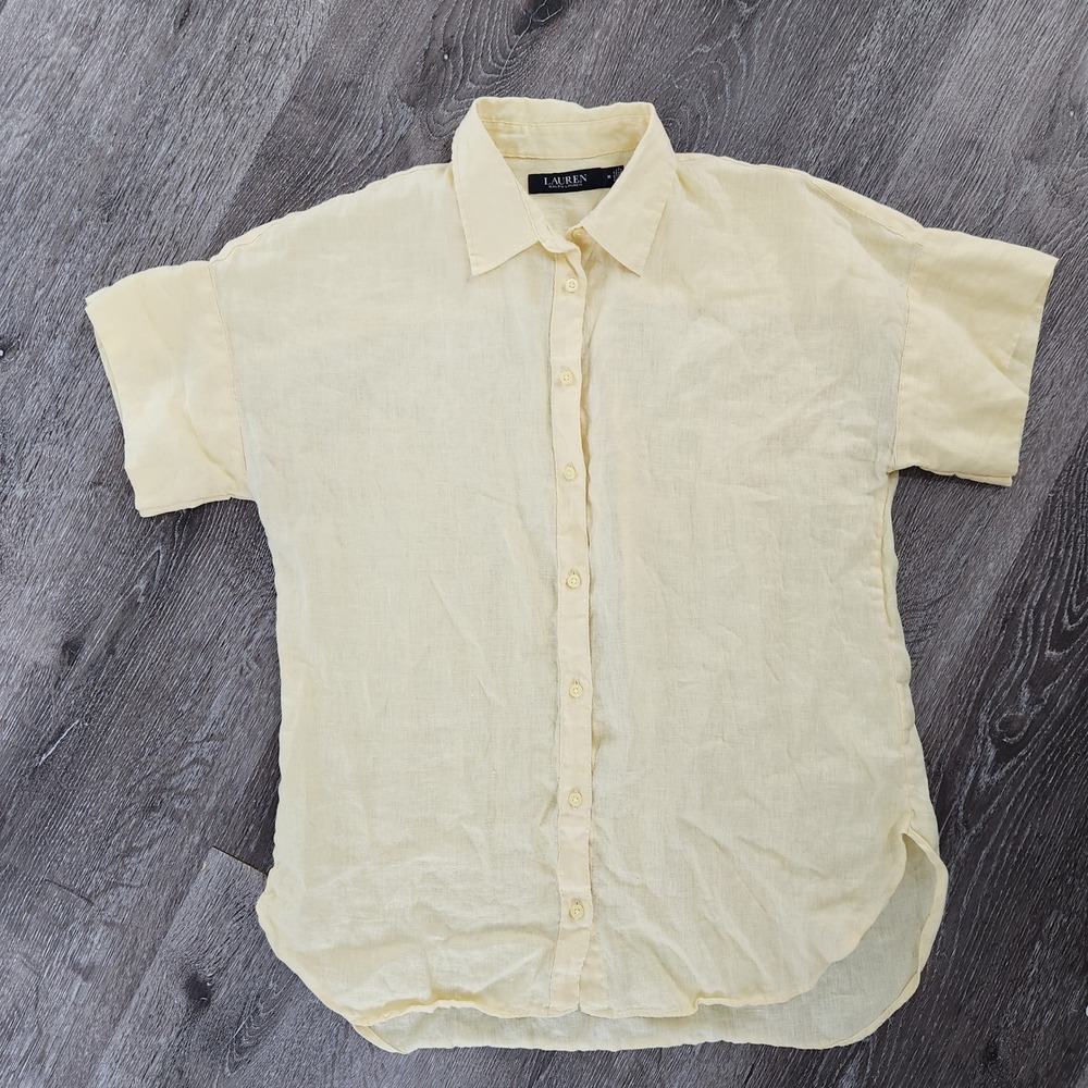 Lauren Ralph Lauren Women Yellow Short Sleeve Linen Button Down Shirt Size M